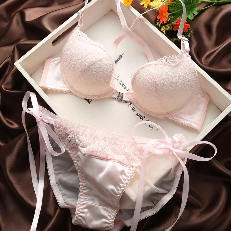 Japanese sexy lace back diamond front button underwear women's bra suit