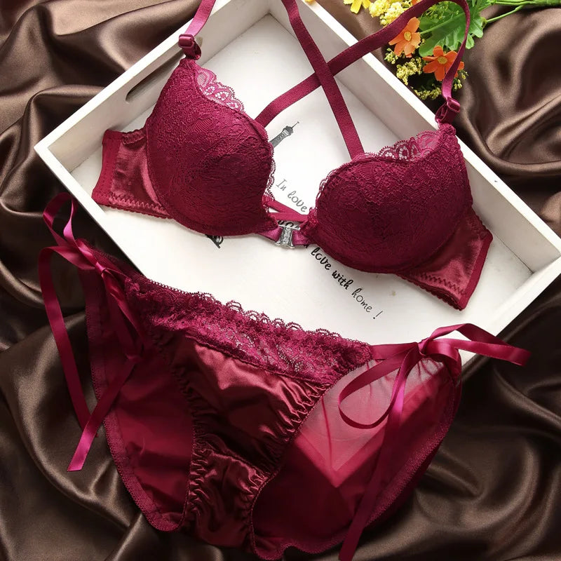 Japanese sexy lace back diamond front button underwear women's bra suit