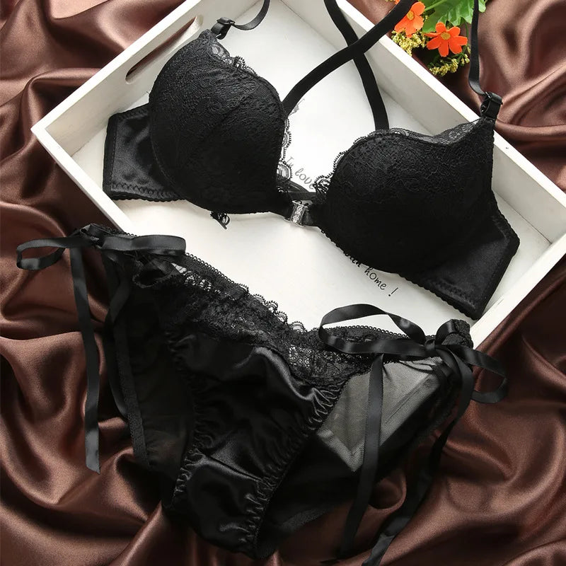 Japanese sexy lace back diamond front button underwear women's bra suit