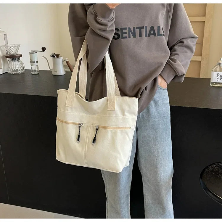 Women's Casual Canvas Shoulder Bag Multi-Pocket Vintage Forest System Practical Large Capacity Tote Bag Bucket Shape Zipper