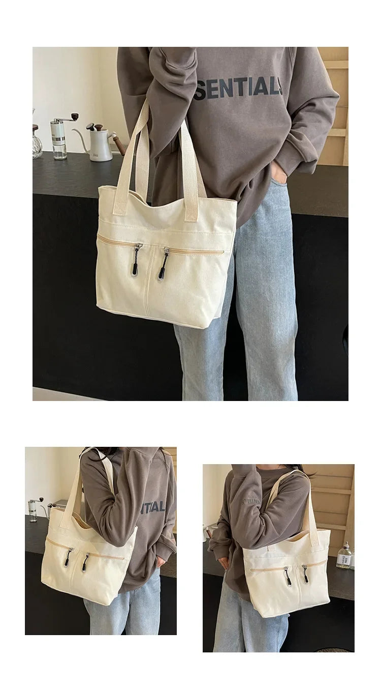 Women's Casual Canvas Shoulder Bag Multi-Pocket Vintage Forest System Practical Large Capacity Tote Bag Bucket Shape Zipper