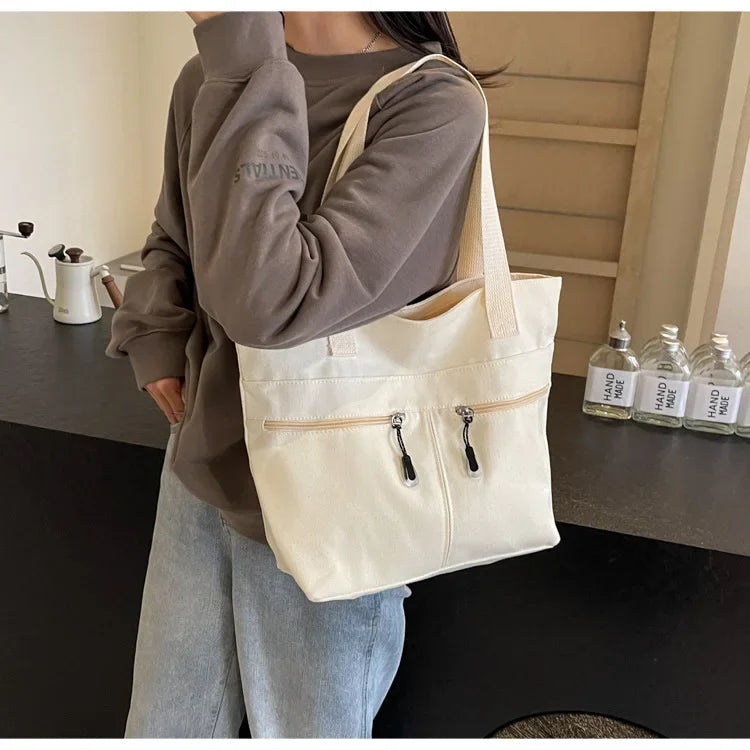 Women's Casual Canvas Shoulder Bag Multi-Pocket Vintage Forest System Practical Large Capacity Tote Bag Bucket Shape Zipper