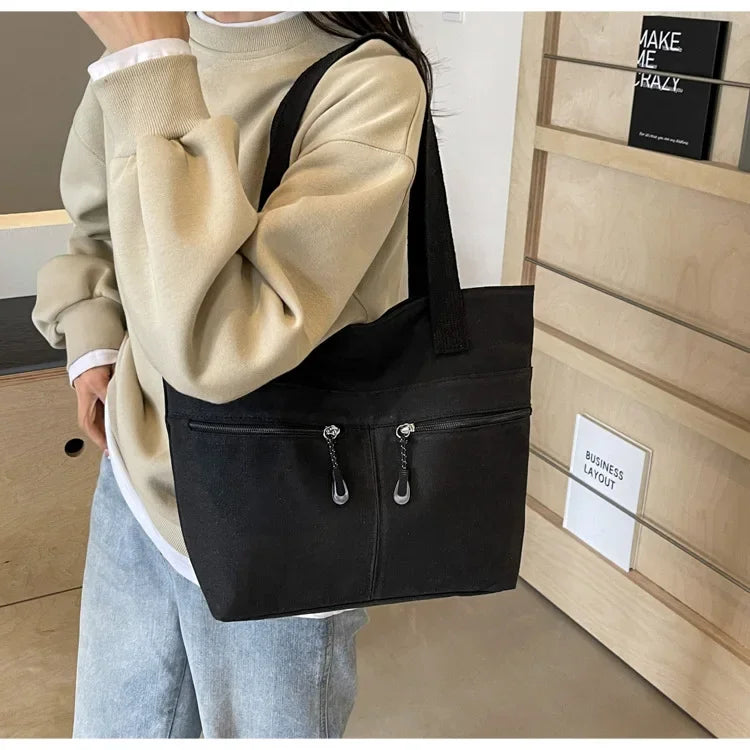Women's Casual Canvas Shoulder Bag Multi-Pocket Vintage Forest System Practical Large Capacity Tote Bag Bucket Shape Zipper