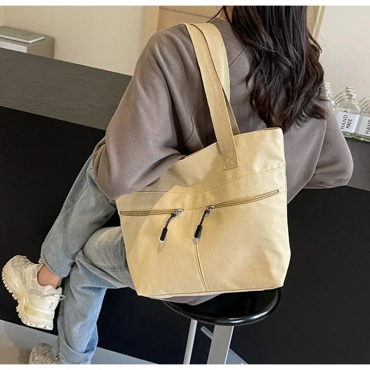 Women's Casual Canvas Shoulder Bag Multi-Pocket Vintage Forest System Practical Large Capacity Tote Bag Bucket Shape Zipper