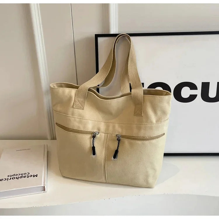 Women's Casual Canvas Shoulder Bag Multi-Pocket Vintage Forest System Practical Large Capacity Tote Bag Bucket Shape Zipper