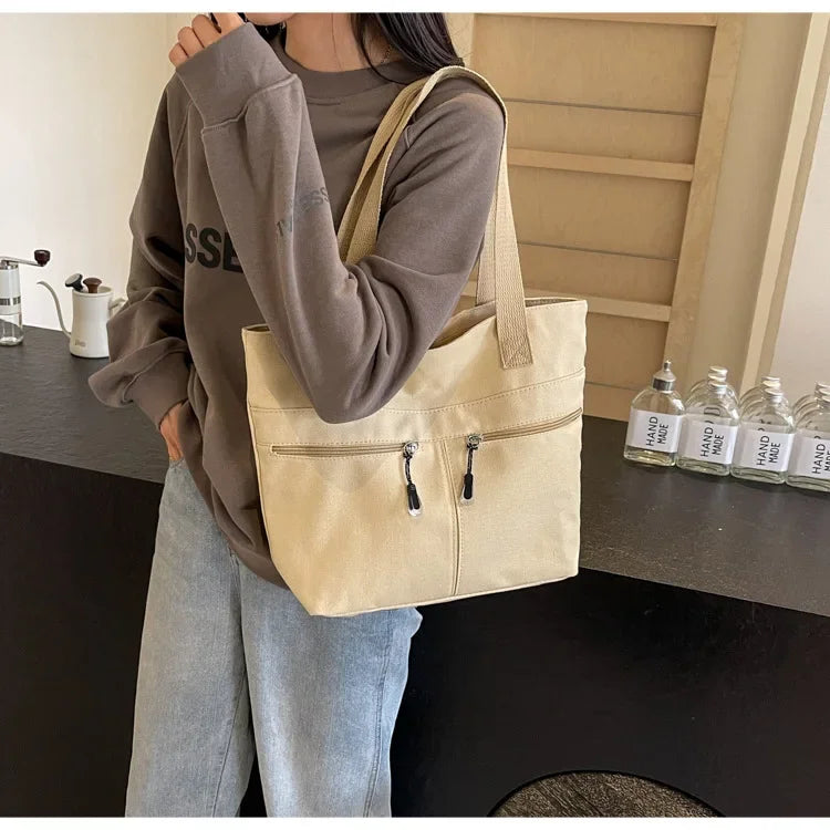 Women's Casual Canvas Shoulder Bag Multi-Pocket Vintage Forest System Practical Large Capacity Tote Bag Bucket Shape Zipper