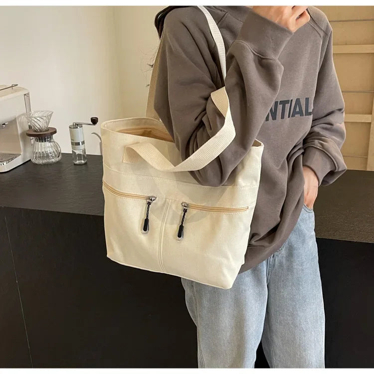 Women's Casual Canvas Shoulder Bag Multi-Pocket Vintage Forest System Practical Large Capacity Tote Bag Bucket Shape Zipper
