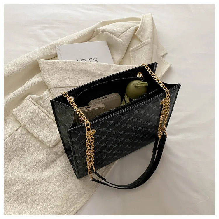 New Grid 2024 Large Capacity Commuter Tote Bag Chain Strap Single Shoulder Women's Bag Fashion Handheld Crossbody