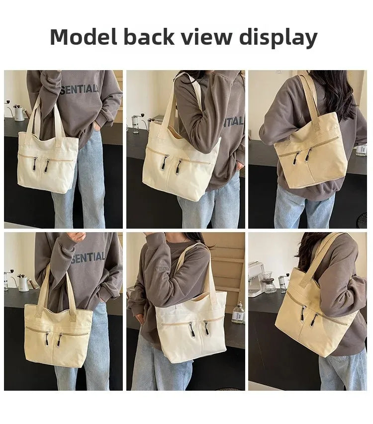 Women's Casual Canvas Shoulder Bag Multi-Pocket Vintage Forest System Practical Large Capacity Tote Bag Bucket Shape Zipper