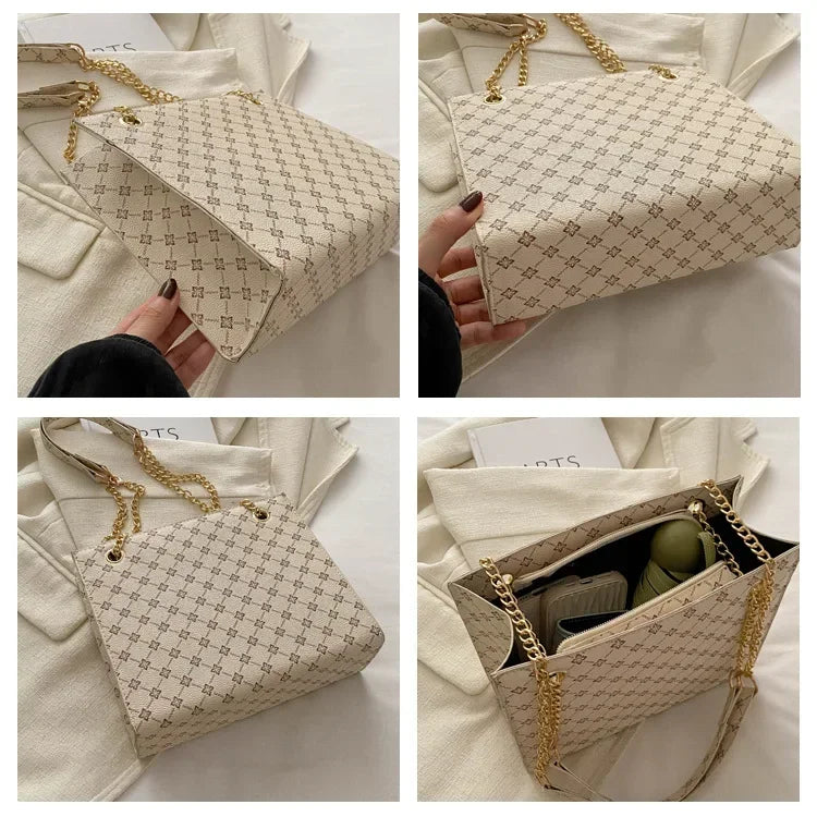 New Grid 2024 Large Capacity Commuter Tote Bag Chain Strap Single Shoulder Women's Bag Fashion Handheld Crossbody