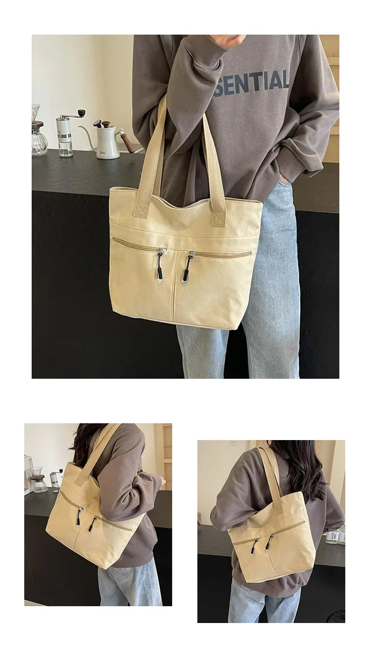 Women's Casual Canvas Shoulder Bag Multi-Pocket Vintage Forest System Practical Large Capacity Tote Bag Bucket Shape Zipper