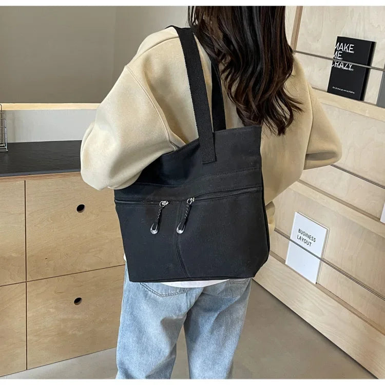 Women's Casual Canvas Shoulder Bag Multi-Pocket Vintage Forest System Practical Large Capacity Tote Bag Bucket Shape Zipper