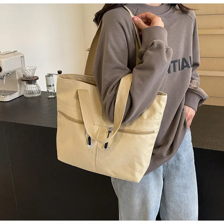 Women's Casual Canvas Shoulder Bag Multi-Pocket Vintage Forest System Practical Large Capacity Tote Bag Bucket Shape Zipper