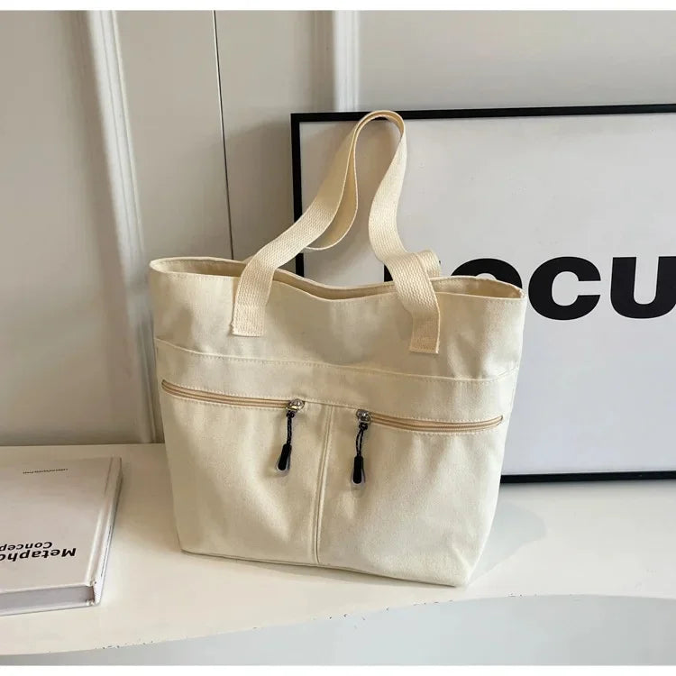 Women's Casual Canvas Shoulder Bag Multi-Pocket Vintage Forest System Practical Large Capacity Tote Bag Bucket Shape Zipper