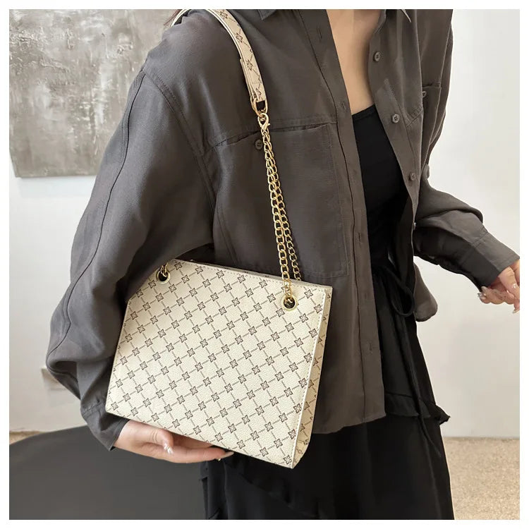 New Grid 2024 Large Capacity Commuter Tote Bag Chain Strap Single Shoulder Women's Bag Fashion Handheld Crossbody