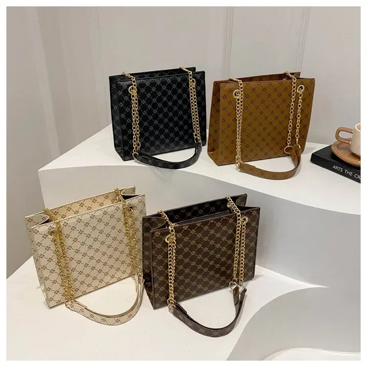 New Grid 2024 Large Capacity Commuter Tote Bag Chain Strap Single Shoulder Women's Bag Fashion Handheld Crossbody