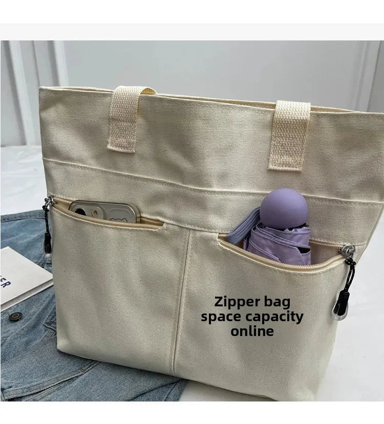 Women's Casual Canvas Shoulder Bag Multi-Pocket Vintage Forest System Practical Large Capacity Tote Bag Bucket Shape Zipper