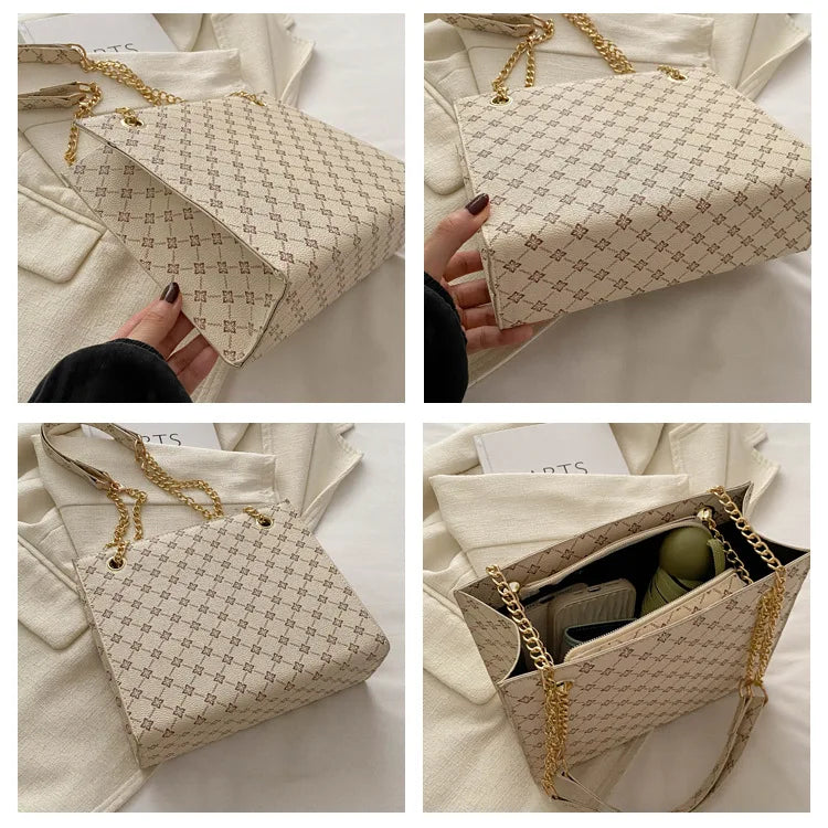 New Grid 2024 Large Capacity Commuter Tote Bag Chain Strap Single Shoulder Women's Bag Fashion Handheld Crossbody