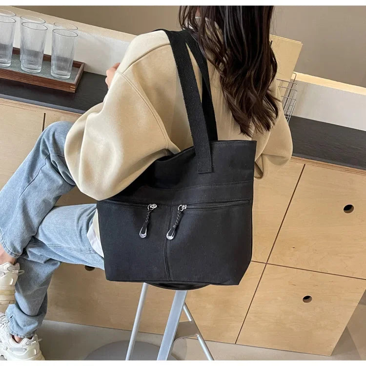 Women's Casual Canvas Shoulder Bag Multi-Pocket Vintage Forest System Practical Large Capacity Tote Bag Bucket Shape Zipper