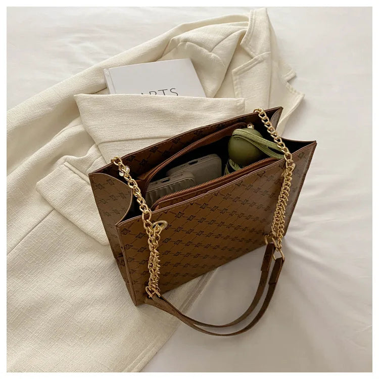 New Grid 2024 Large Capacity Commuter Tote Bag Chain Strap Single Shoulder Women's Bag Fashion Handheld Crossbody