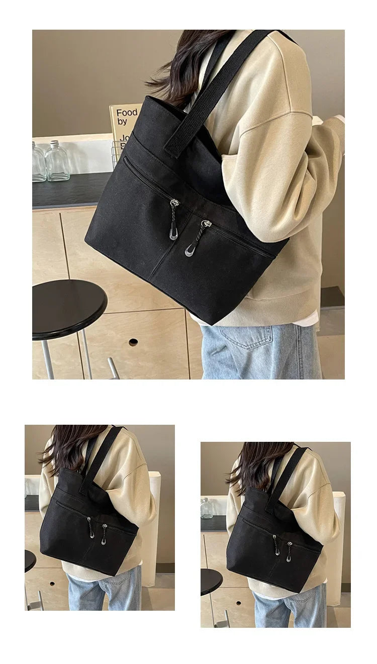 Women's Casual Canvas Shoulder Bag Multi-Pocket Vintage Forest System Practical Large Capacity Tote Bag Bucket Shape Zipper