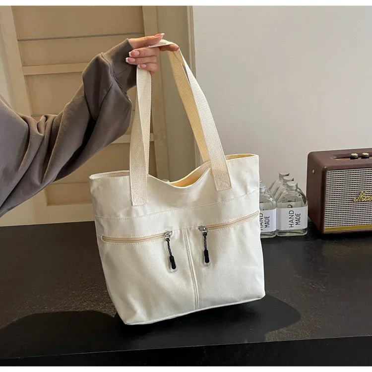 Women's Casual Canvas Shoulder Bag Multi-Pocket Vintage Forest System Practical Large Capacity Tote Bag Bucket Shape Zipper