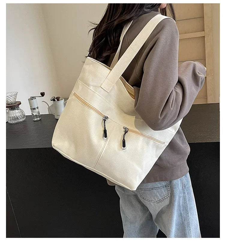 Women's Casual Canvas Shoulder Bag Multi-Pocket Vintage Forest System Practical Large Capacity Tote Bag Bucket Shape Zipper