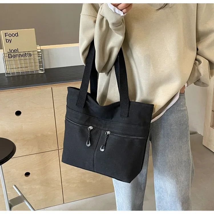 Women's Casual Canvas Shoulder Bag Multi-Pocket Vintage Forest System Practical Large Capacity Tote Bag Bucket Shape Zipper