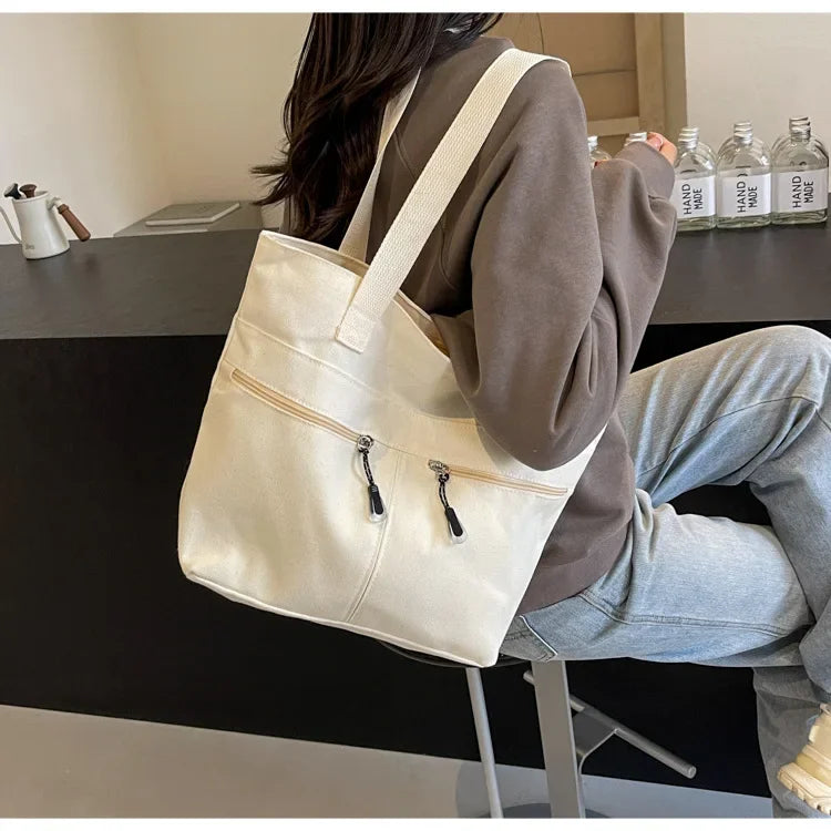 Women's Casual Canvas Shoulder Bag Multi-Pocket Vintage Forest System Practical Large Capacity Tote Bag Bucket Shape Zipper