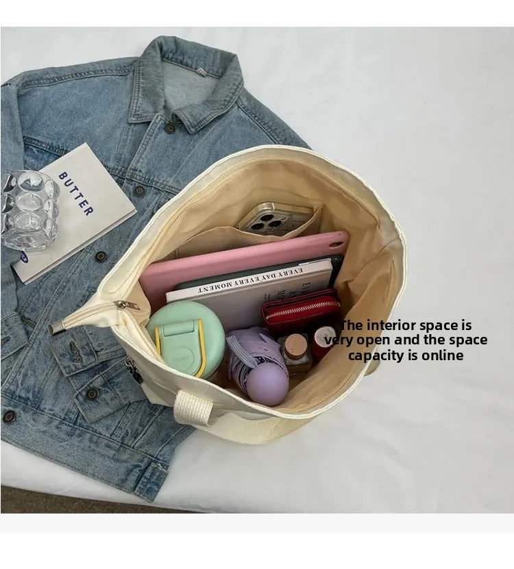 Women's Casual Canvas Shoulder Bag Multi-Pocket Vintage Forest System Practical Large Capacity Tote Bag Bucket Shape Zipper