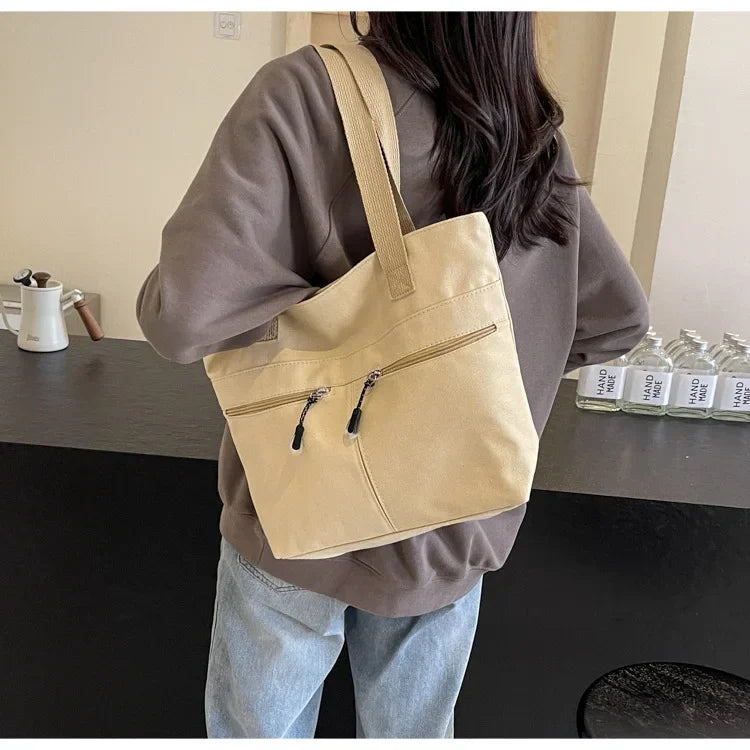 Women's Casual Canvas Shoulder Bag Multi-Pocket Vintage Forest System Practical Large Capacity Tote Bag Bucket Shape Zipper